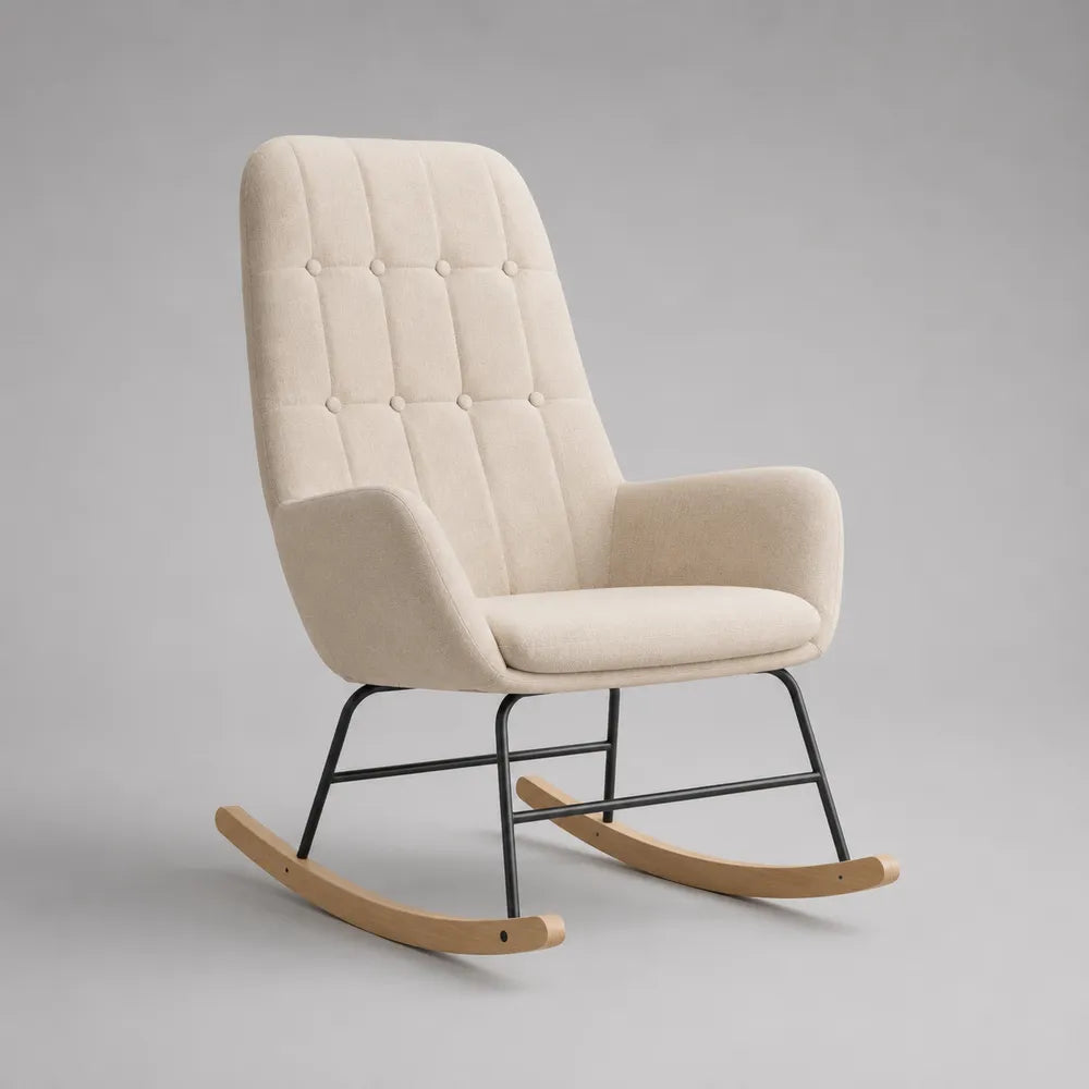 Fauteuil à bascule rembourré en tissu polyester crème avec structure acier noir et patins bois 75 x 90 x 105 cm