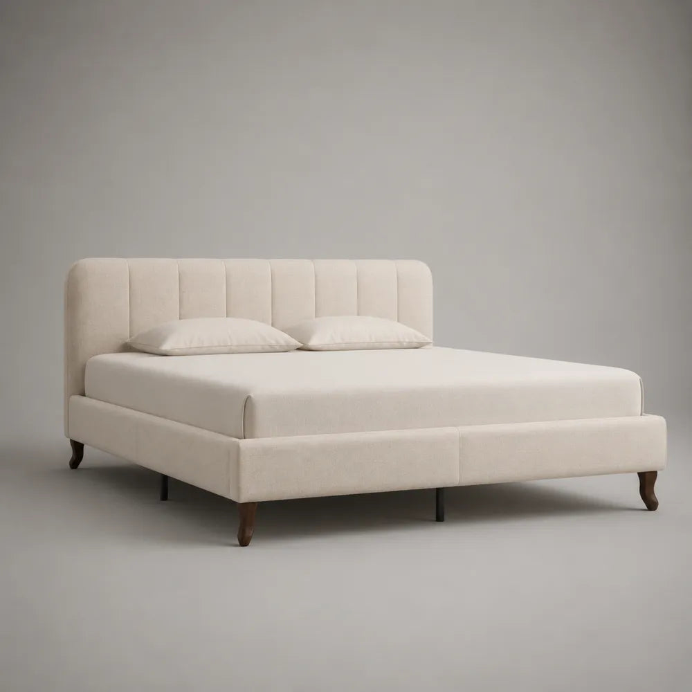Lit double 160 x 200 cm avec cadre rembourré en tissu beige et tête de lit capitonnée à panneaux verticaux