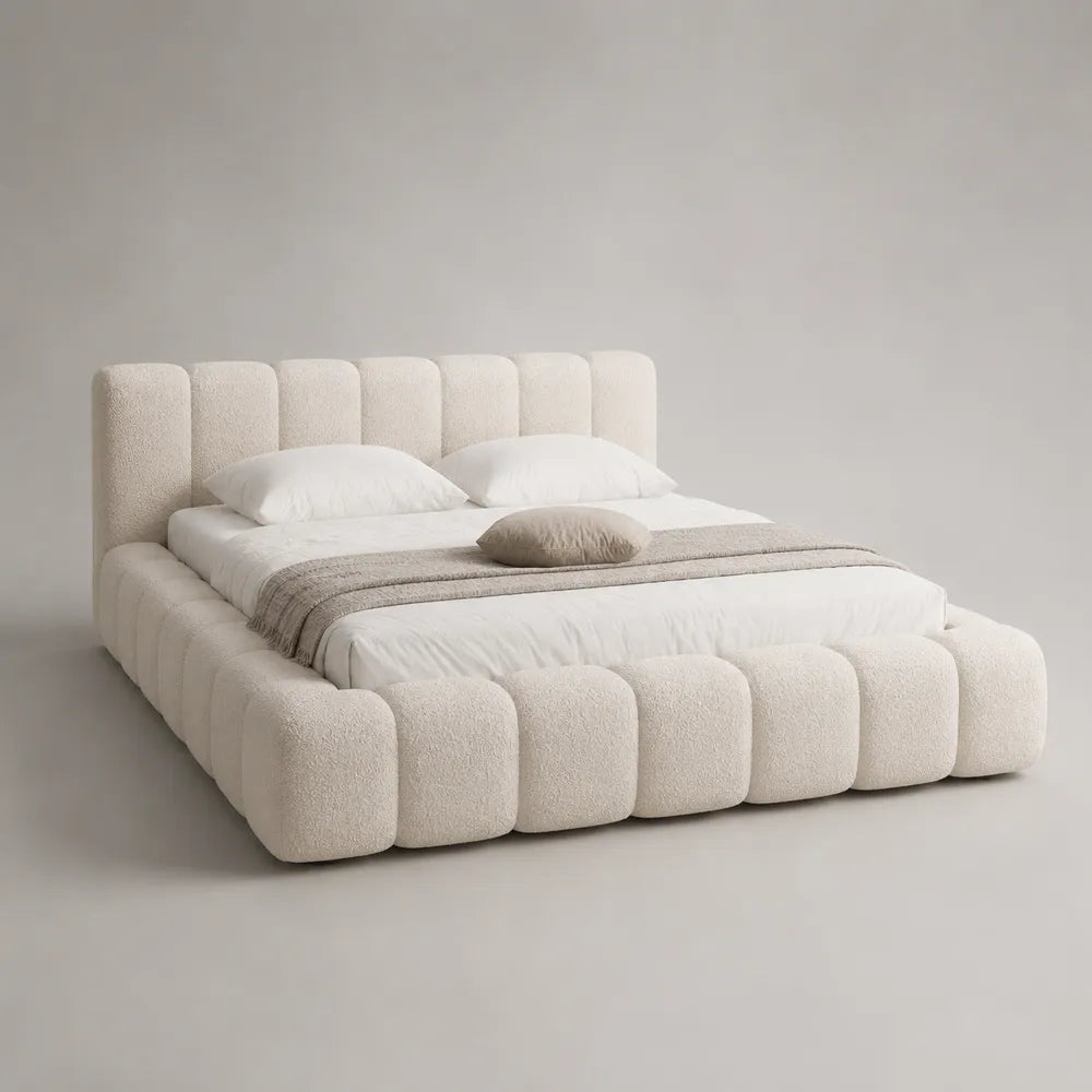 Lit coffre double 160 x 200 cm tissu bouclé blanc avec tête de lit rembourrée et cadre arrondi