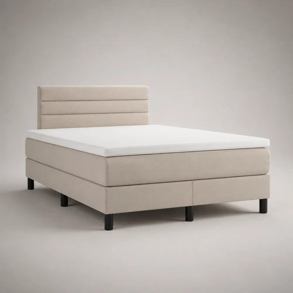 Lit double 160 x 200 cm tissu beige avec tête de lit rembourrée et pieds noirs