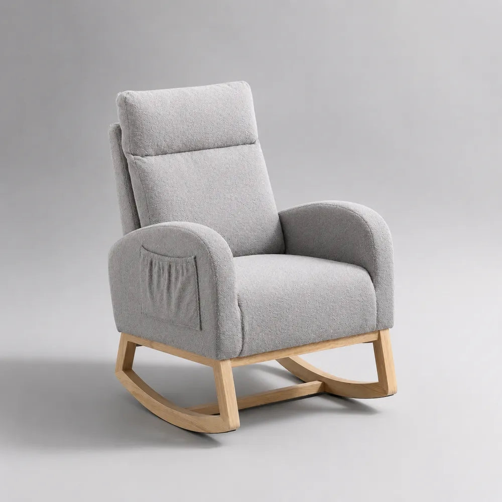 Fauteuil à bascule rembourré en tissu gris avec accoudoirs et base en bois 75 x 85 x 105 cm