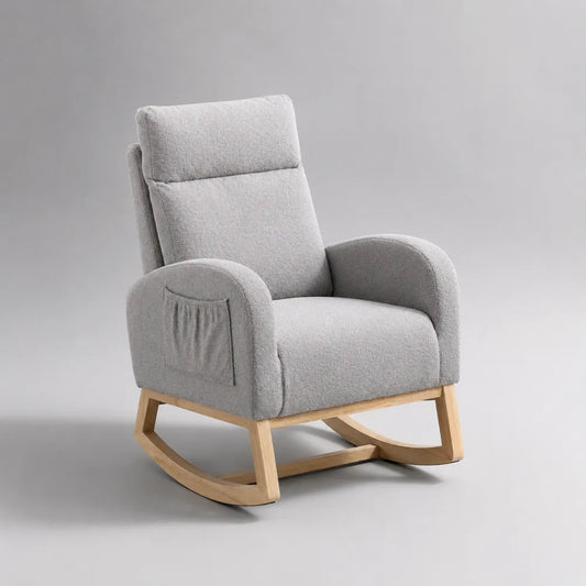 Fauteuil à bascule rembourré en tissu gris avec accoudoirs et base en bois 75 x 85 x 105 cm