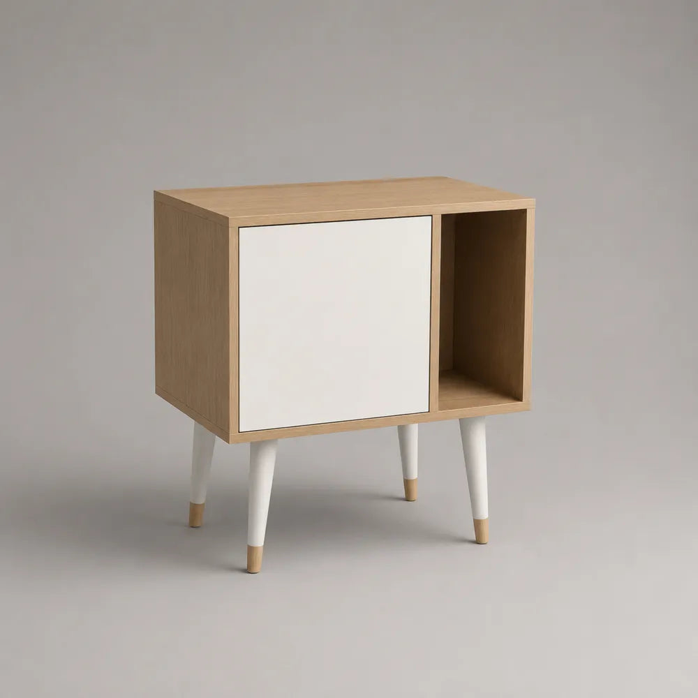 Table de chevet 45 x 35 x 60 cm MDF effet chêne naturel avec porte blanche et niche ouverte