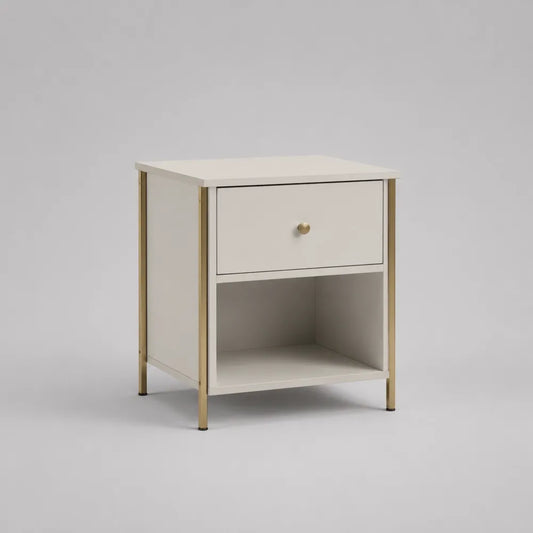 Table de chevet rectangulaire 45 x 35 x 60 cm en MDF blanc avec tiroir et niche ouverte pieds dorés
