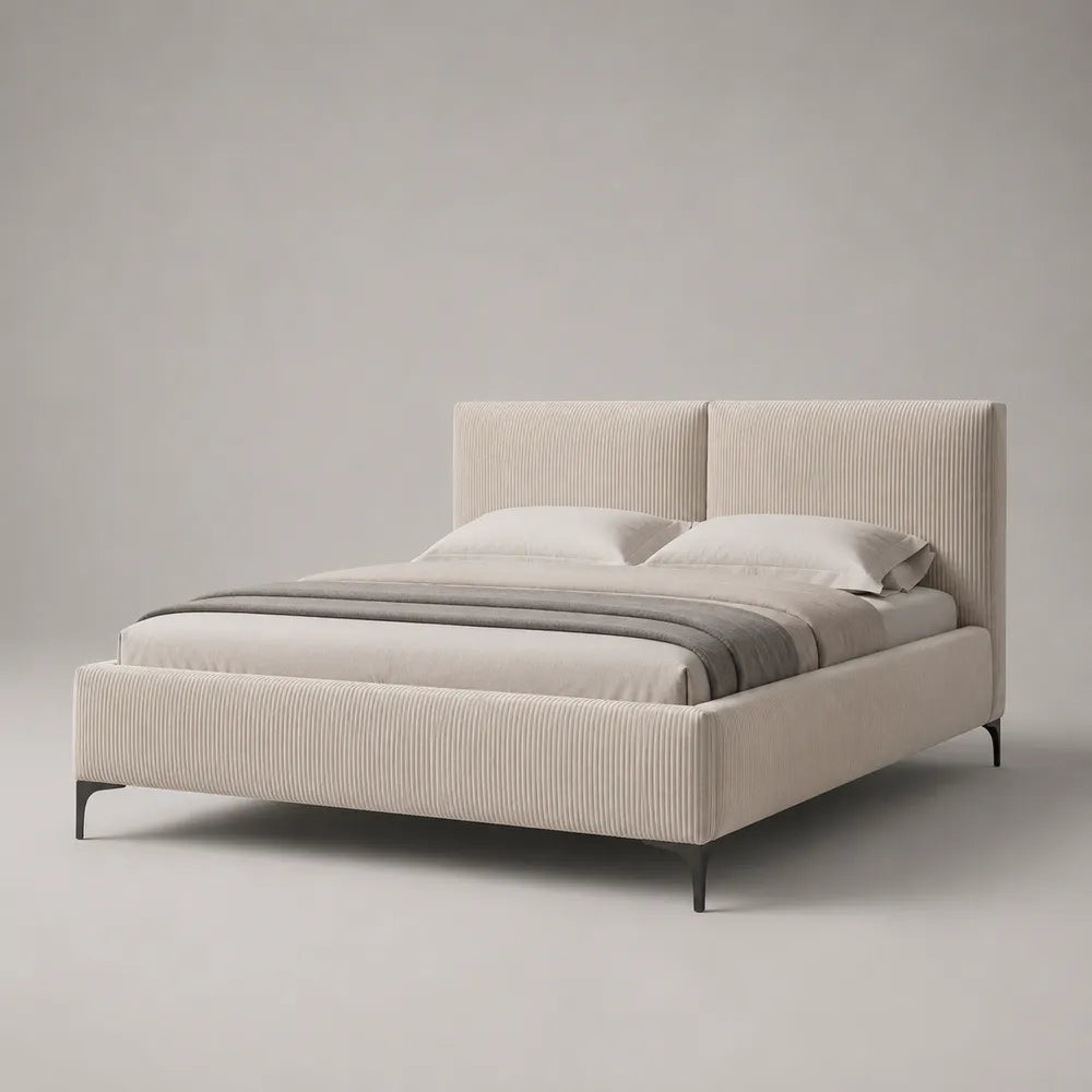 Lit double rembourré en tissu polyester côtelé beige avec tête de lit haute 160 x 200 cm