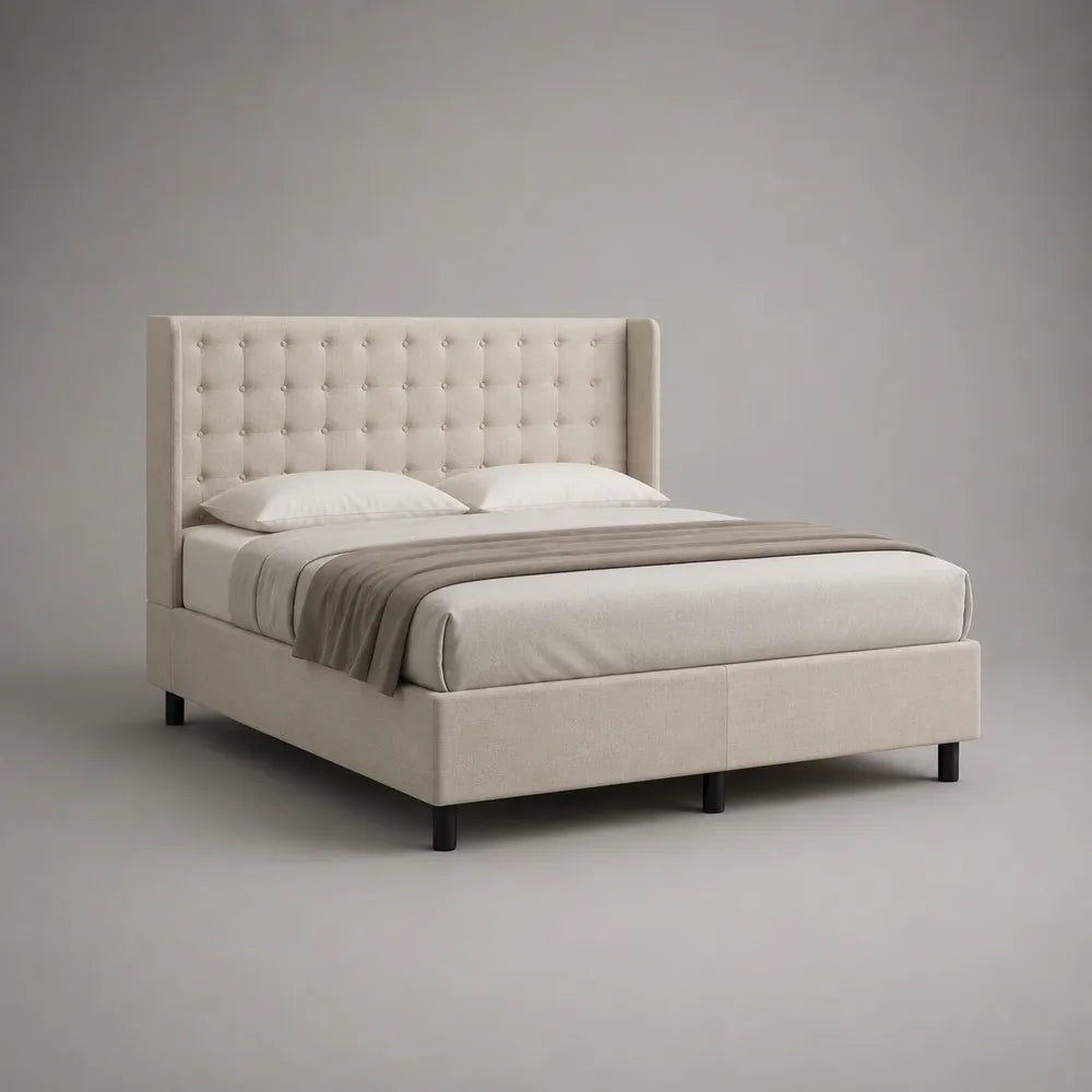 Lit double 160 x 200 cm tissu beige avec tête de lit capitonnée et pieds noirs