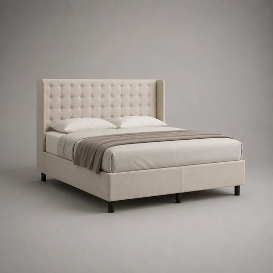 Lit double 160 x 200 cm tissu beige avec tête de lit capitonnée et pieds noirs