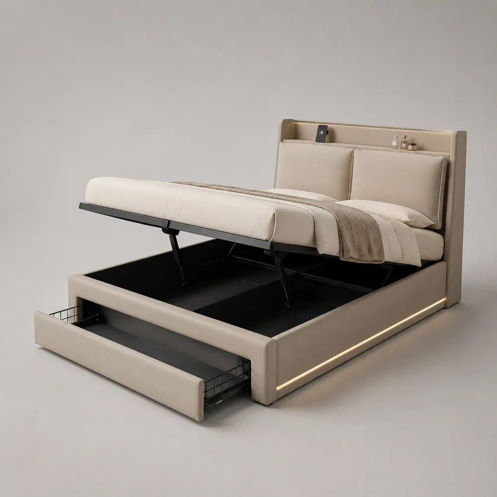 Lit coffre double rembourré en tissu beige avec rangement intégré tiroir et tête de lit avec tablette 160 x 200 cm