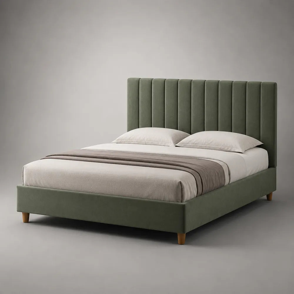 Lit double 160x200 cm en tissu vert avec tête de lit capitonnée et cadre rembourré