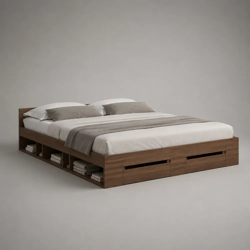 Lit double 160 x 200 cm cadre de lit avec rangement en MDF effet chêne marron structure rectangulaire